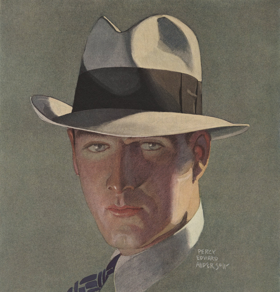 Detail of Illustration of Man Wearing Grey Fedora by Percy Edward Anderson