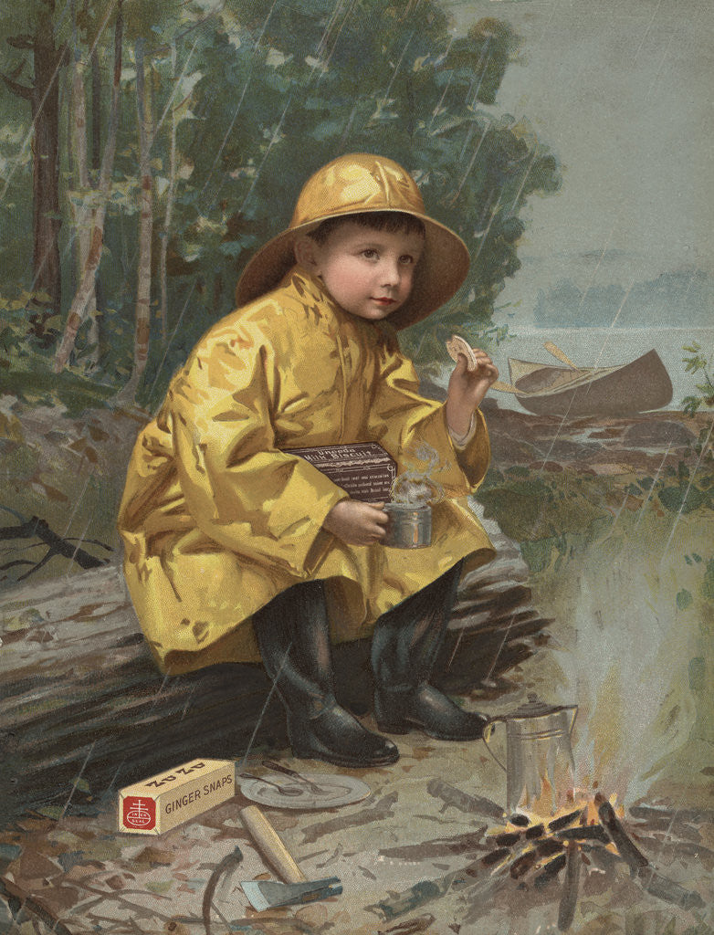 Detail of Illustration of Boy Having Snack in Rain Storm by Anonymous