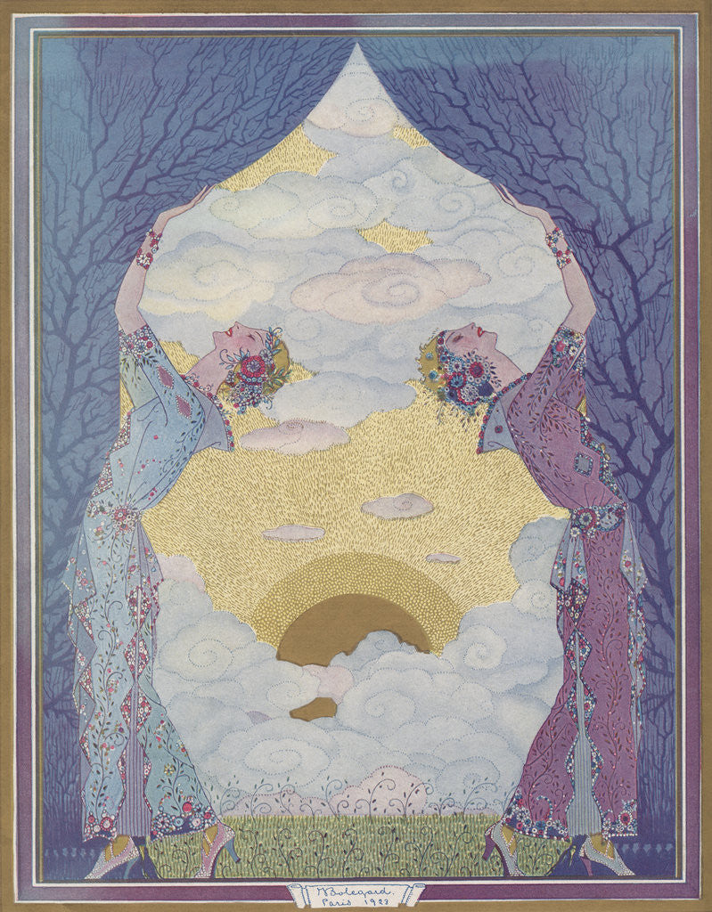Detail of Illustration of Women Opening Curtains to Dawn by Joseph Bolegard