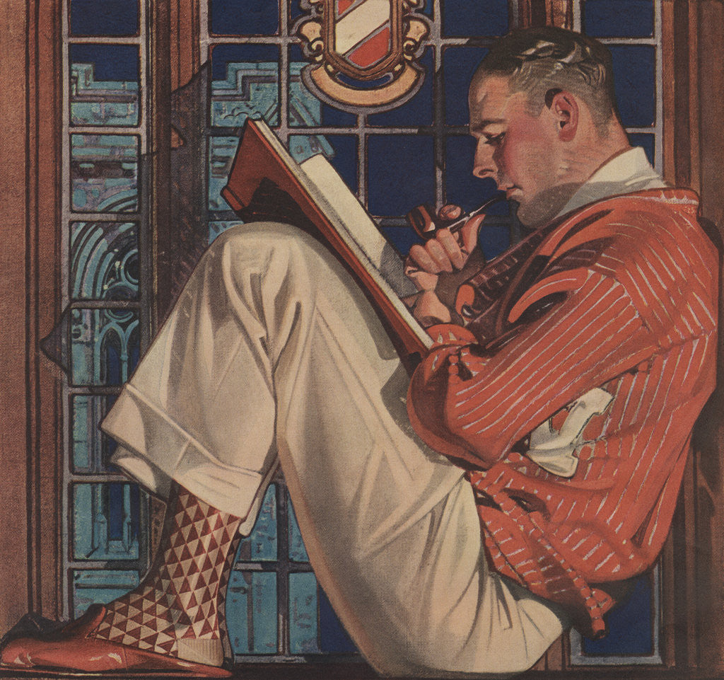 Detail of Illustration of Man Reading and Smoking Pipe by Corbis