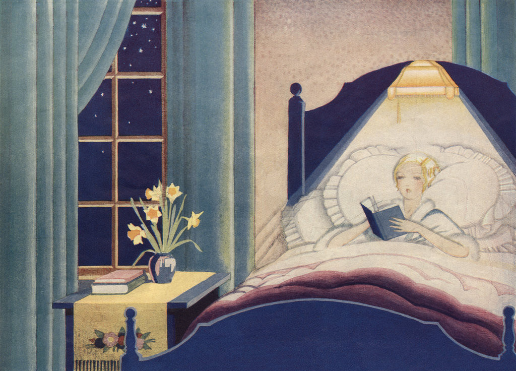 Detail of Illustration of Woman Reading in Bed by Corbis
