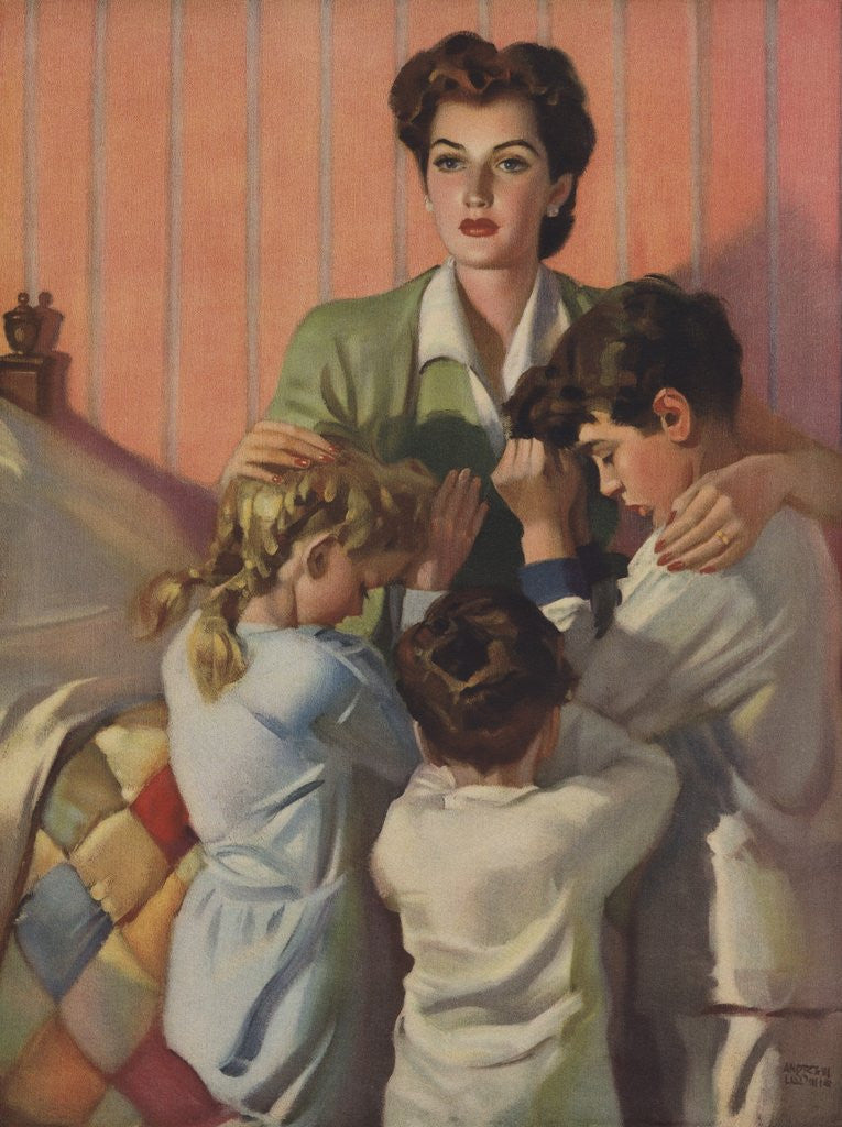 Detail of Illustration of Mother Praying with Three Children by Anonymous