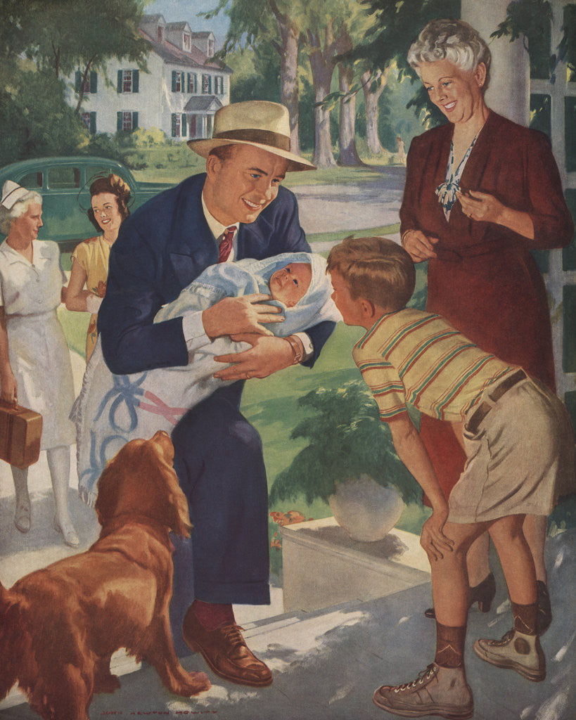 Detail of Illustration of Family Welcoming Newborn Home by John Newton Hewitt