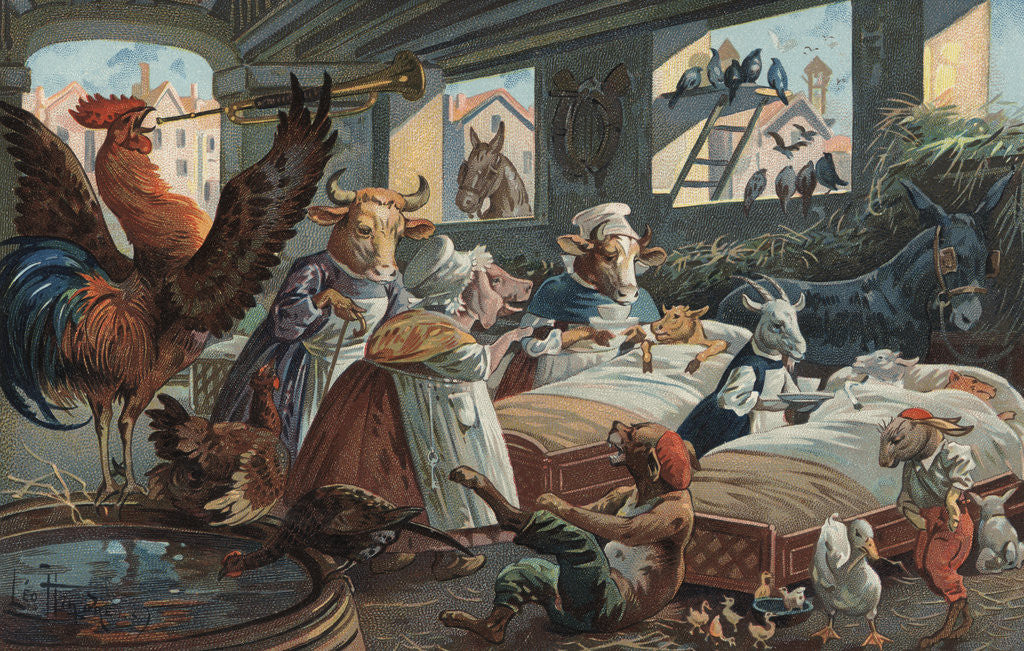 Detail of Illustration of Rooster Playing Reveille to Barnful of Animals by Anonymous