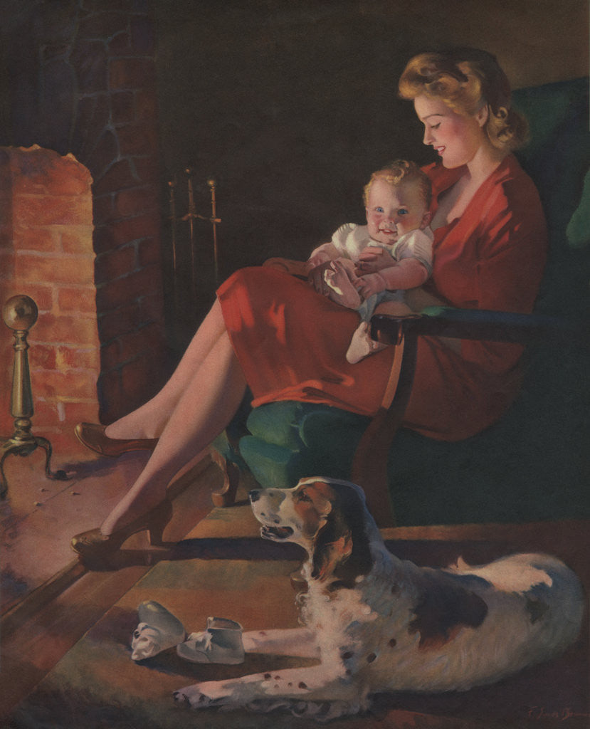 Detail of Illustration of Mother and Baby Sitting by Fireplace by Anonymous