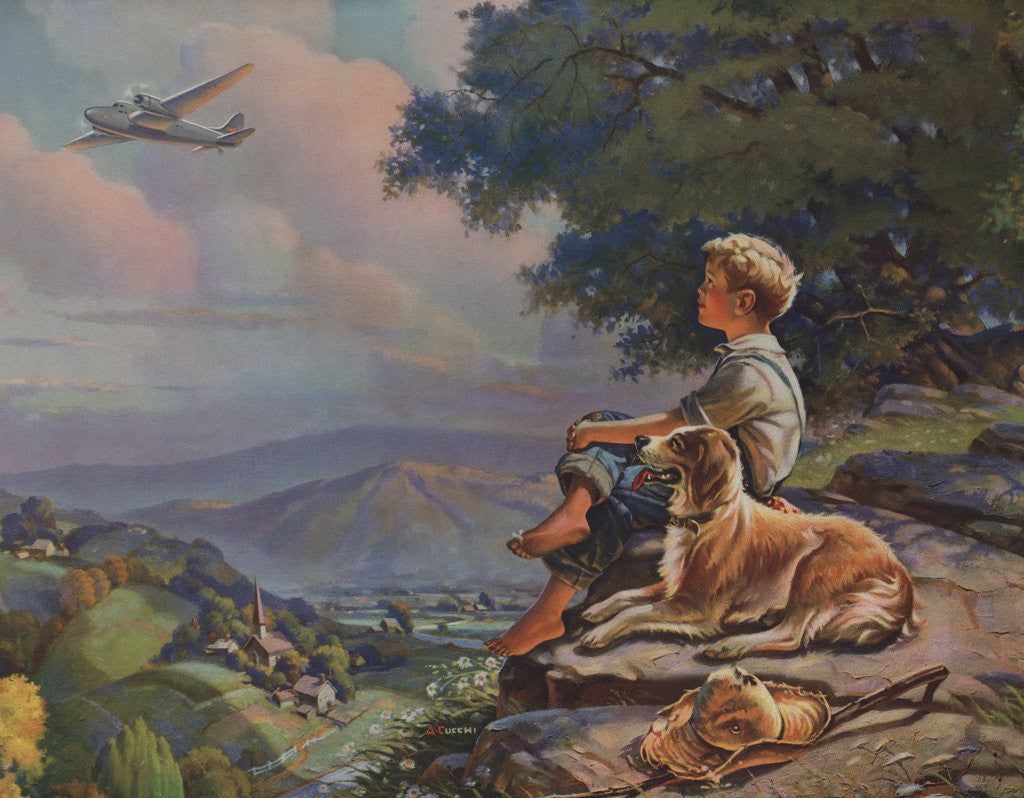 Detail of Illustration of Boy Watching Airplane by Anthony Cucchi