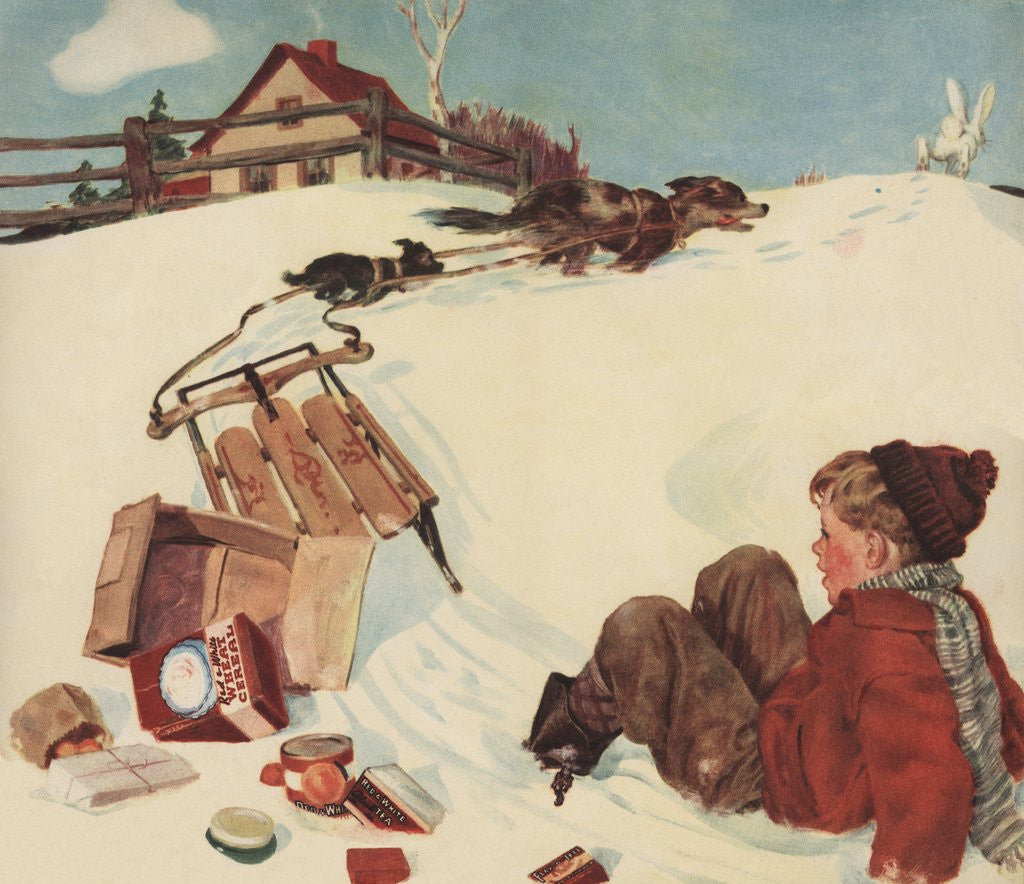 Detail of Illustration of Boy and Groceries Falling Off Sled by Anonymous