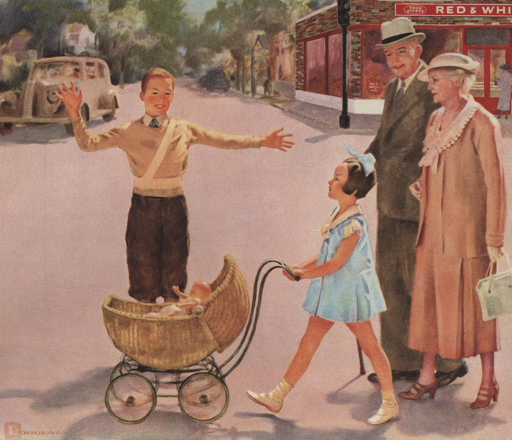 Detail of Illustration of Crossing Guard Helping People Cross Street by Douglass Crockwell