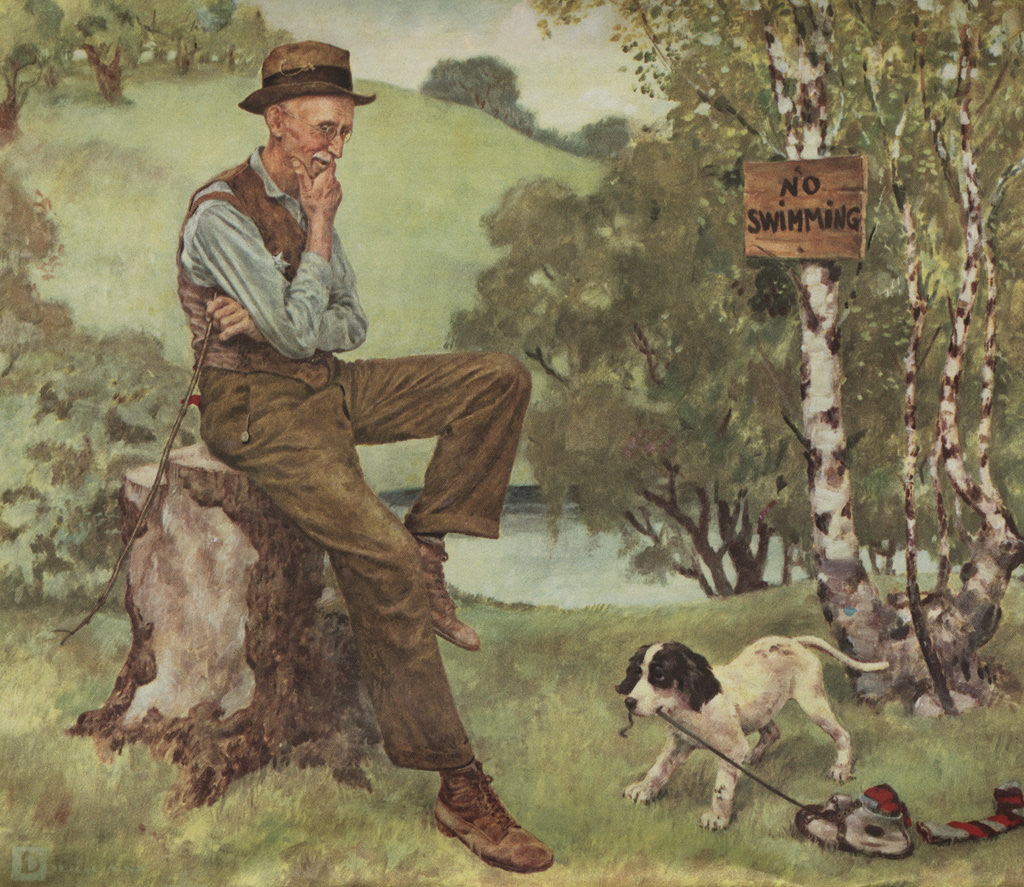 Illustration of Man Looking at Puppy Playing with Shoe by Douglass Crockwell