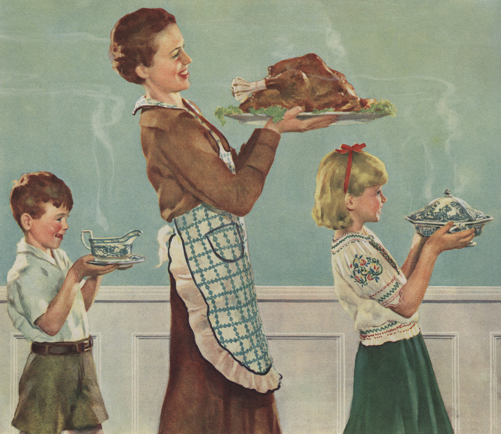 Detail of Illustration of Mother and Children Carrying Thanksgiving Dinner by Douglass Crockwell