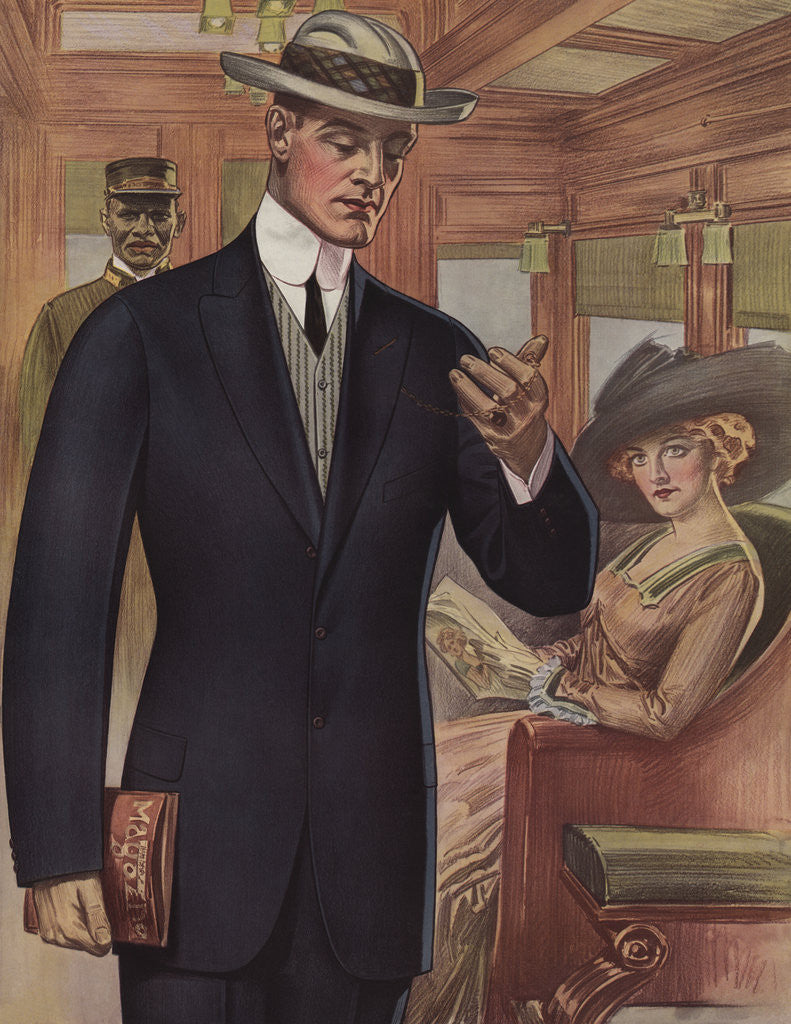 Detail of Royal Tailors Illustration of Man on Train Looking at Watch by Anonymous