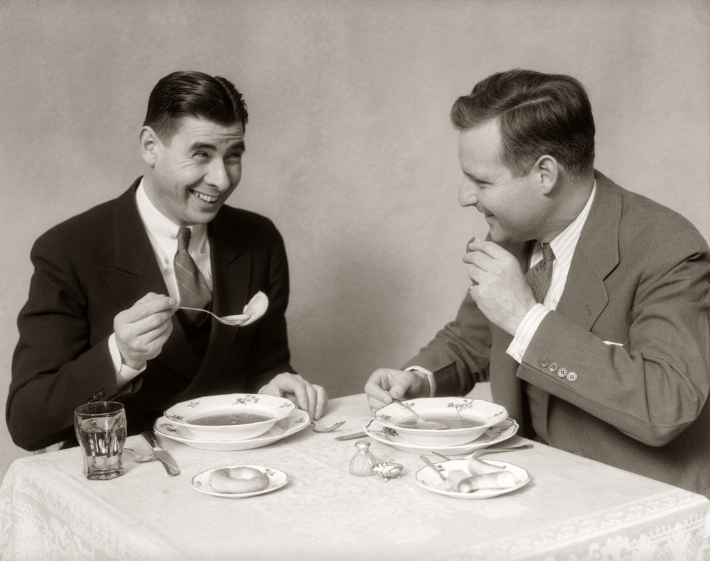 Detail of 1930s Two Men Dining Eating Soup by Anonymous