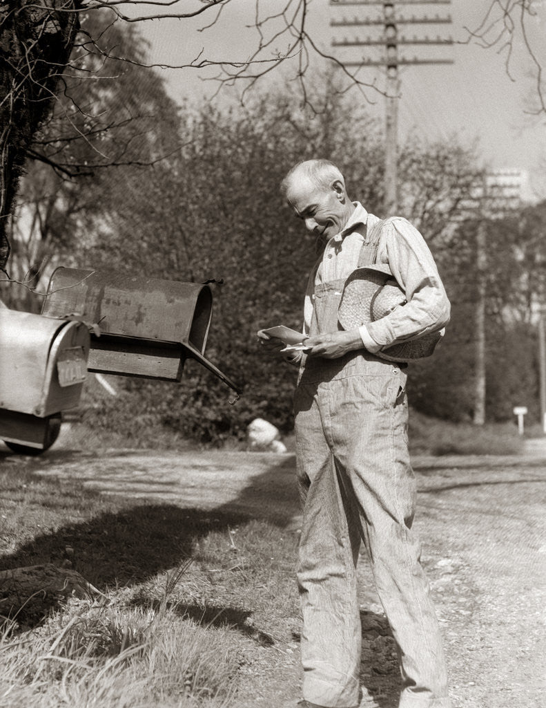 Detail of 1930s Elderly Farmer Checking Mail Mailbox Retro by Anonymous