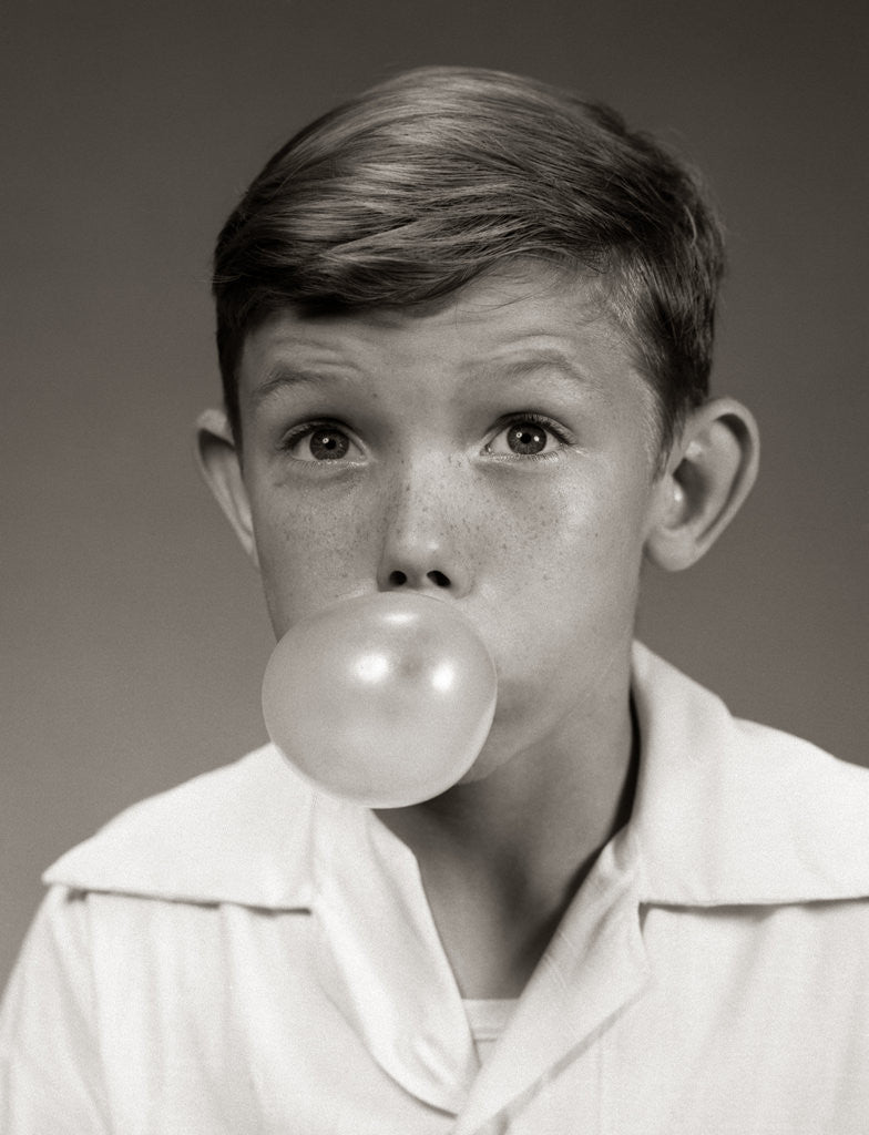 Detail of 1940s 1950s Young Boy Blowing Bubble Gum Bubble by Anonymous