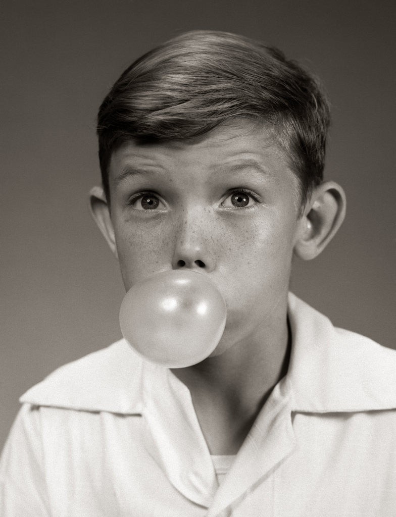 Detail of 1940s 1950s Young Boy Blowing Bubble Gum Bubble by Corbis