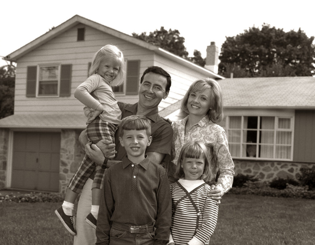 Detail of 1960s Family Portrait Outside Suburban House Parents 3 Three Kids by Corbis