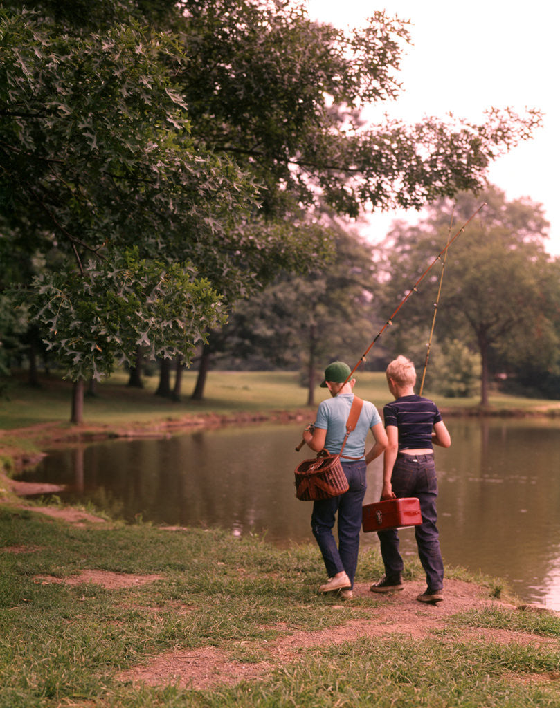 Detail of 1970s 1960s Two Boys Walking Beside Fishing Pond by Anonymous