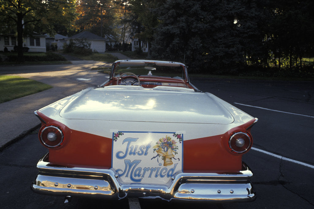 Detail of 1950s Just Married Sign On Back Of Ford Convertible Car by Anonymous