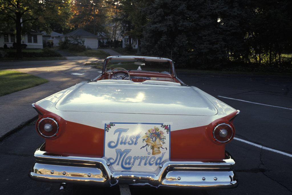 Detail of 1950s Just Married Sign On Back Of Ford Convertible Car by Corbis