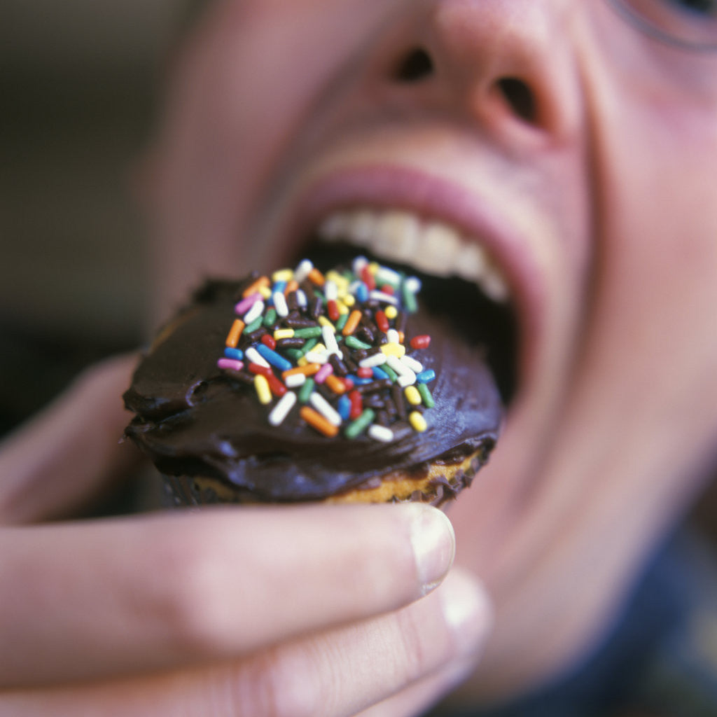 Detail of Man Eating Cupcake with Chocolate Frosting by Anonymous