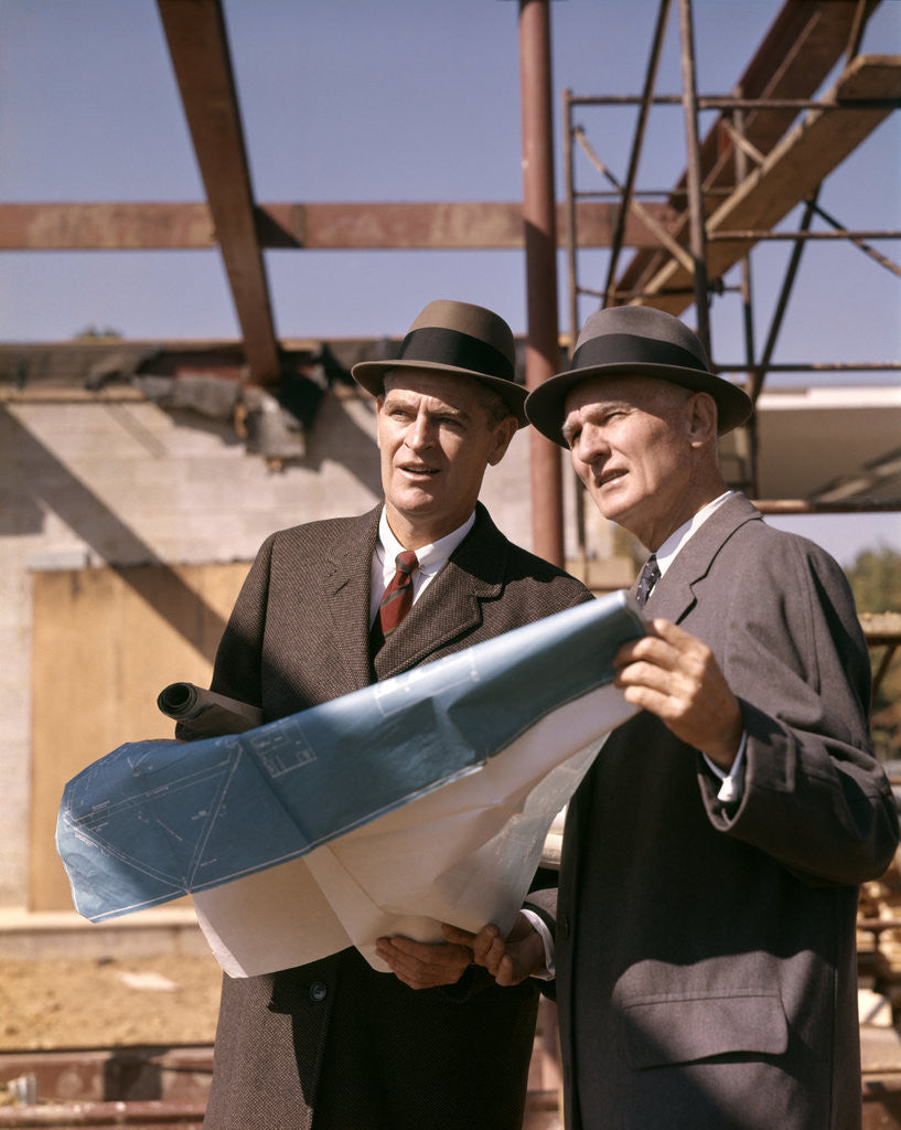 Detail of 1960s Two Men With Blueprints At Construction Site by Anonymous
