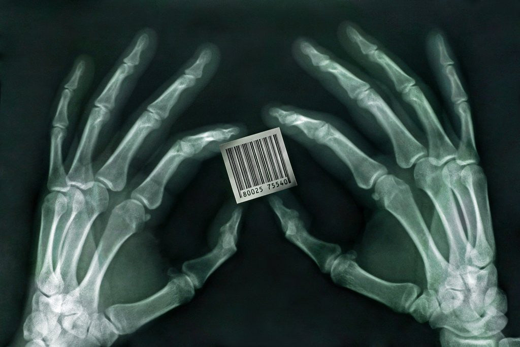 Detail of Skeletal Hands Holding Barcode by Anonymous