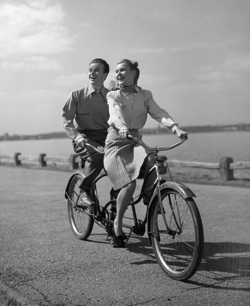 1950s Happy Couple Man Woman Riding Tandem Bike Bicycle Built For