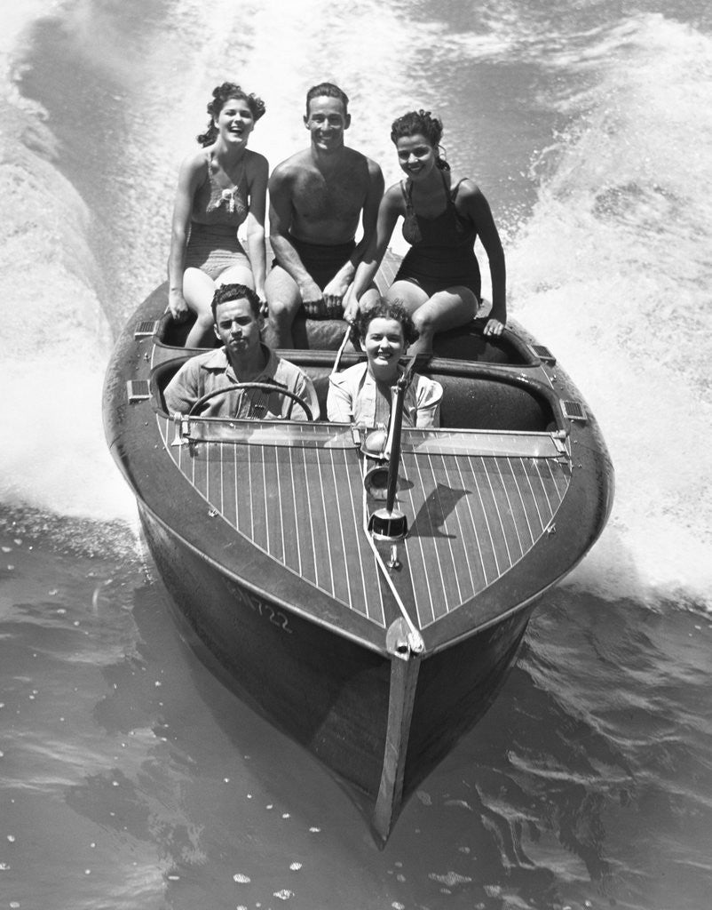 Detail of 1930s Couples Five Men And Women Riding In Runabout Power Boat by Anonymous