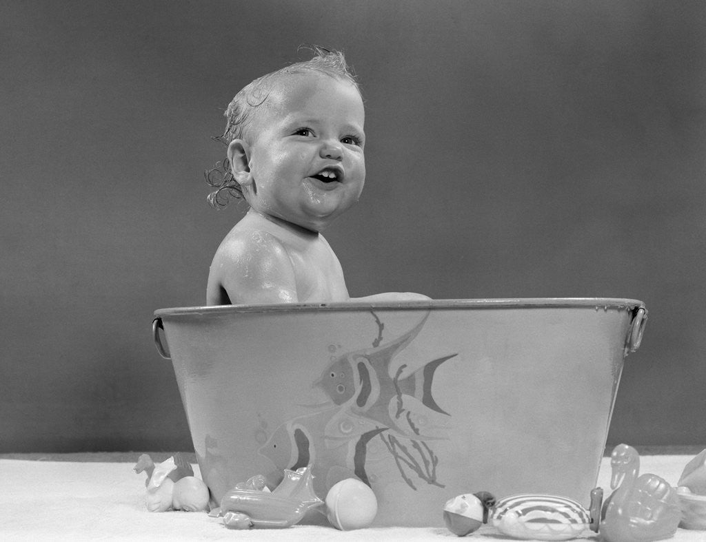Detail of 1940s 1950s Baby In Bath Tub Studio Indoor by Corbis