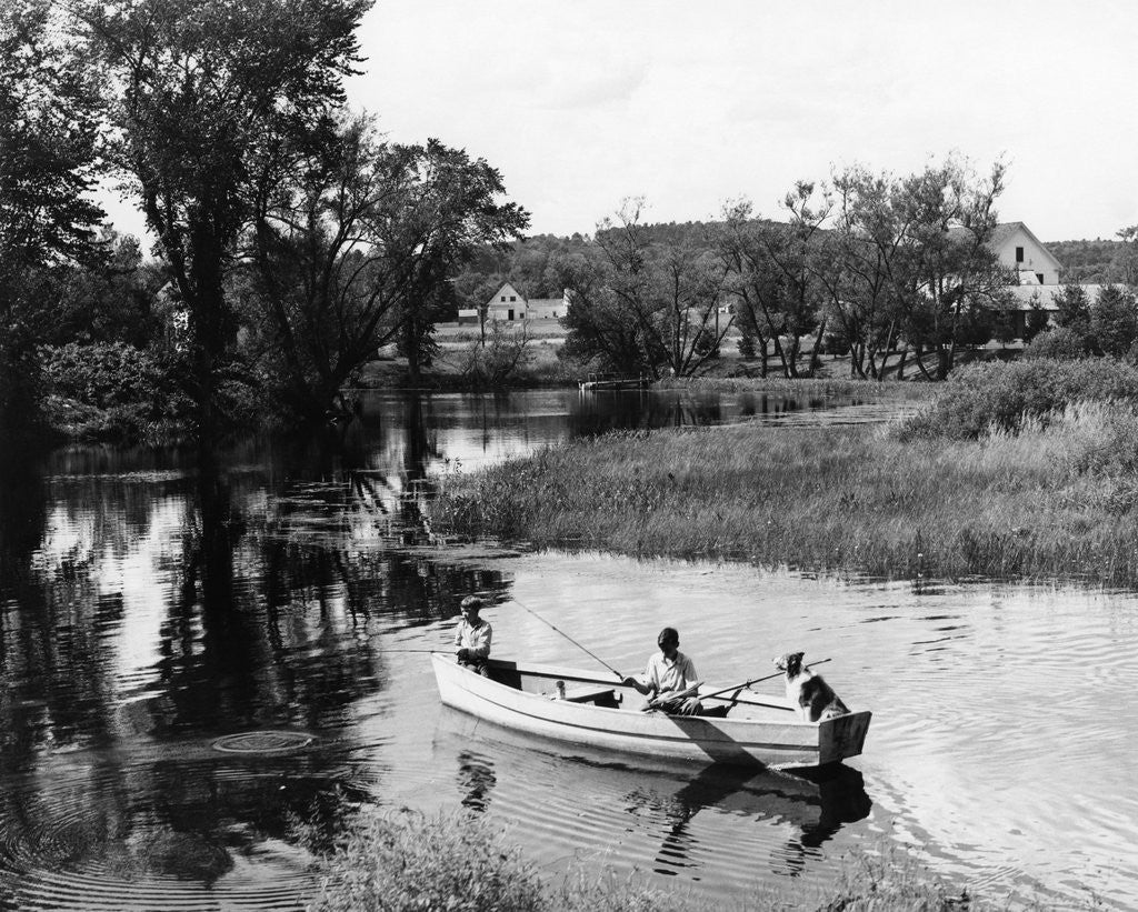 Detail of 1940s 1950s Pair Of Boys In Rowboat With Collie Fishing In Farm Area by Corbis