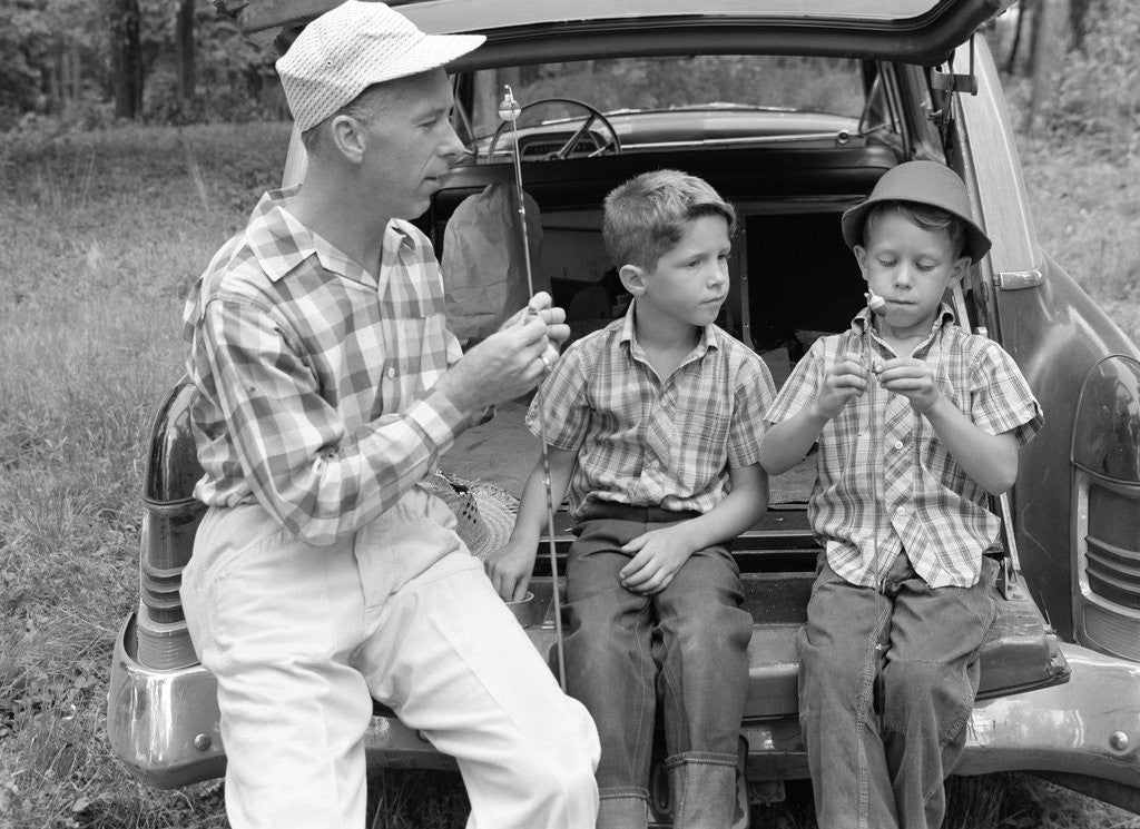 Detail of 1950s 1960s Father Two Young Sons With Fishing Rods By Car Outdoor by Anonymous
