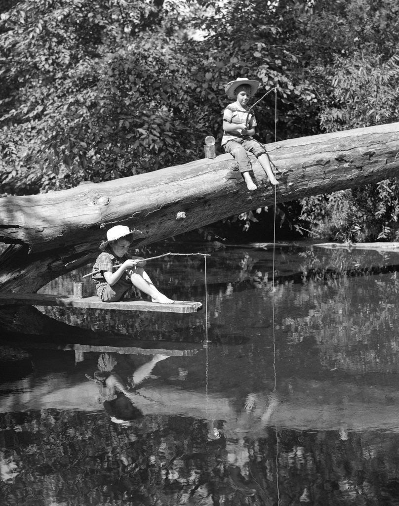 Detail of 1940s 1950s Pair Of Boys In Straw Hats and Cuffed Jeans Fishing In Stream by Anonymous