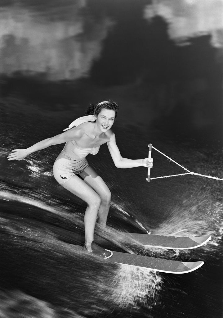 Detail of 1950s Woman In A Bathing Suit Water Skiing Spray Towline Speed Exhilaration by Anonymous