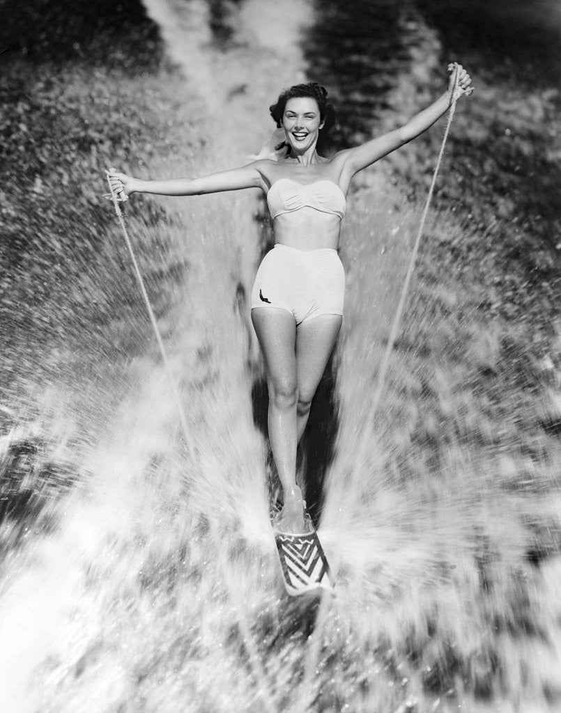 Detail of 1950s Woman In Two Piece Bathing Suit Aquaplaning Water Skiing by Anonymous