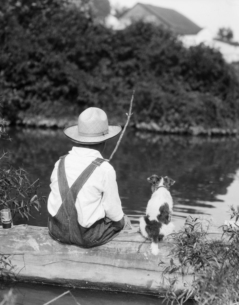 Detail of 1920s 1930s Farm Boy Wearing Straw Hat And Overalls Sitting On Log With Spotted Dog Fishing In Pond by Anonymous