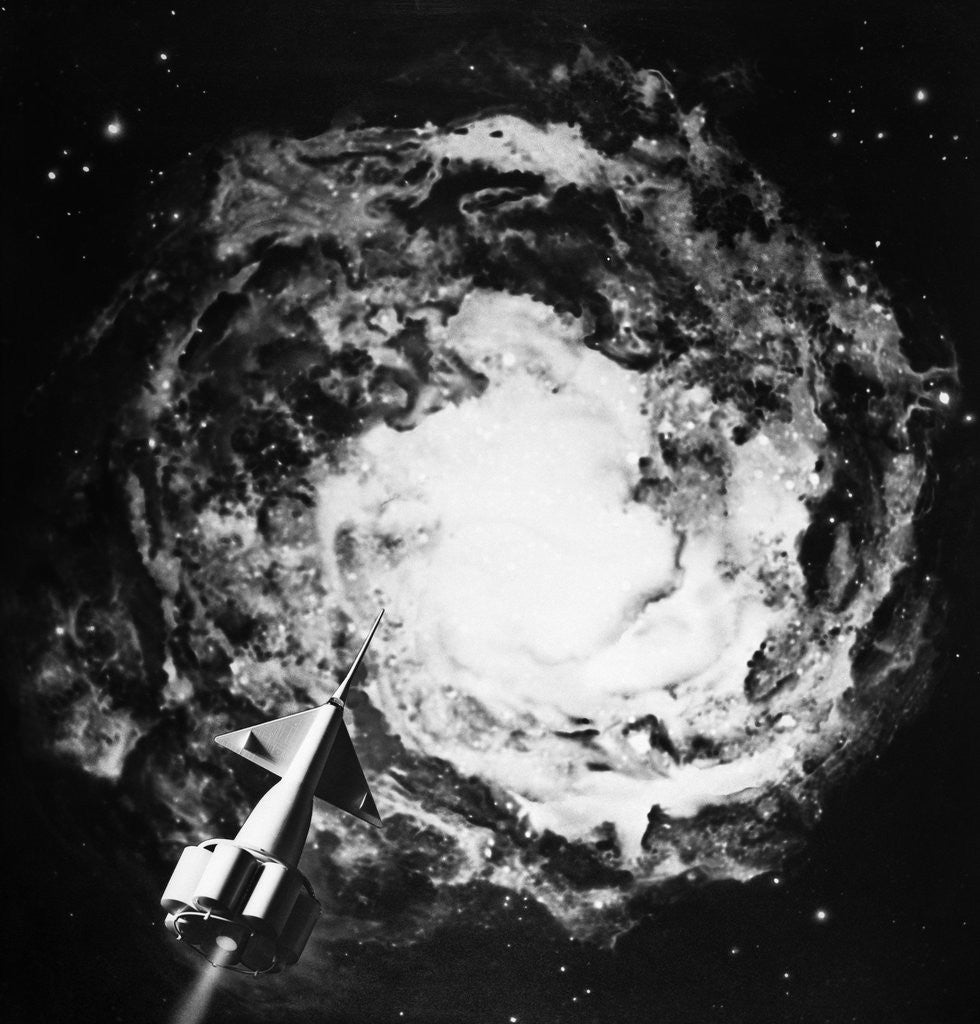 Detail of 1950s 1960s Recreation Of Space Rocket Soaring Through Galaxy by Anonymous