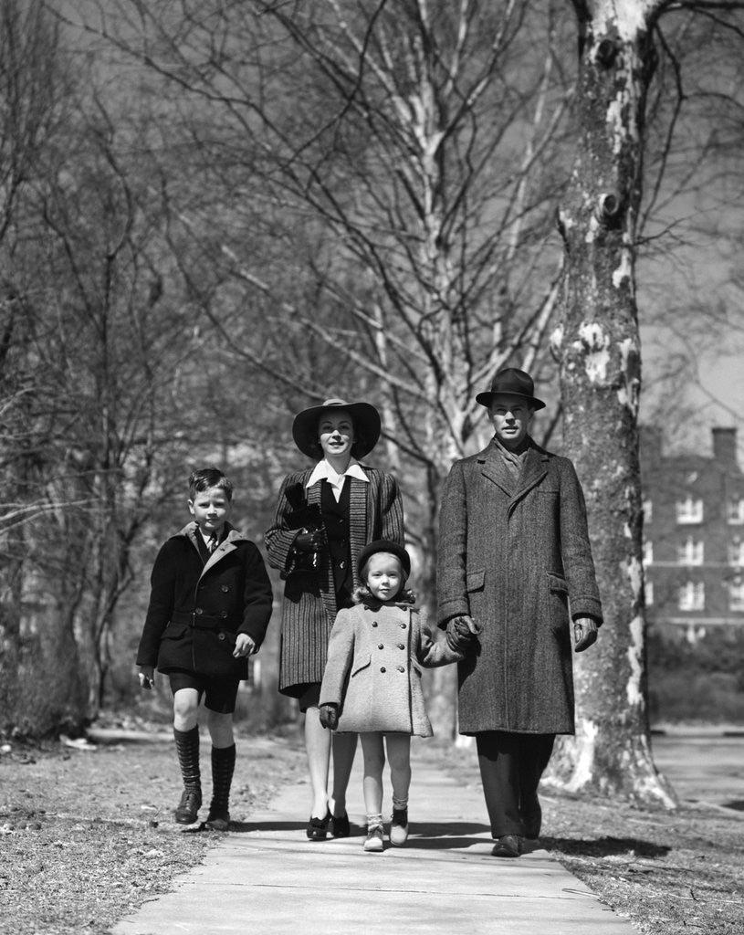Detail of 1930s 1940s Family Walking Forward Winter Suburban Sidewalk by Anonymous