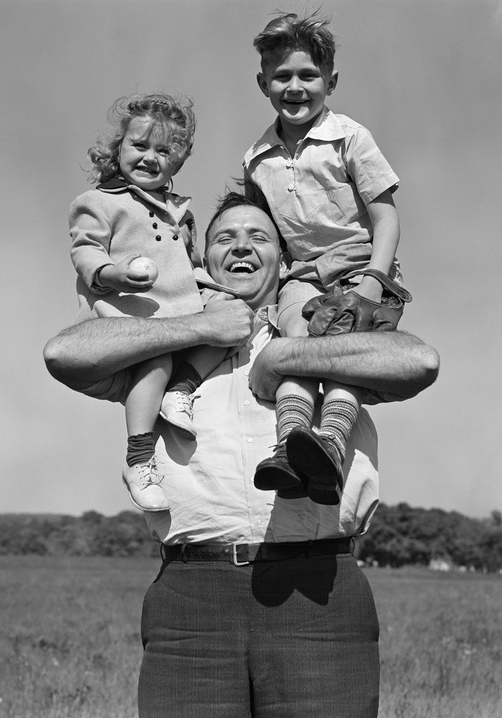 Detail of 1930s Father Holding Son With Baseball Mitt and Daughter On His Shoulders by Anonymous