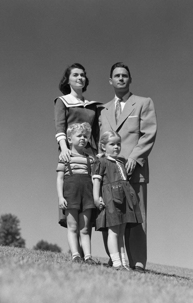 Detail of 1950s Family Portrait Father Mother Daughter Son Standing Together Outdoor by Anonymous