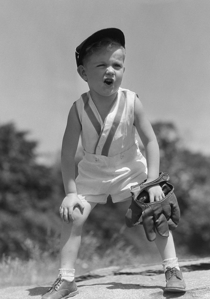 Detail of 1930s Boy Wearing Baseball Hat and Glove Bent Over With Hands On Knees Yelling by Anonymous