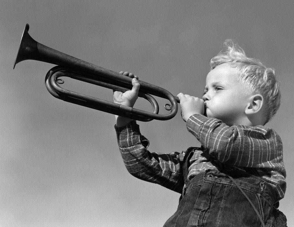 Detail of 1940s Boy Blowing Bugle Outdoor by Anonymous