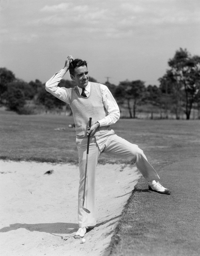 Detail of 1930s 1940s Man Golfer Sand Trap Scratching His Head by Anonymous