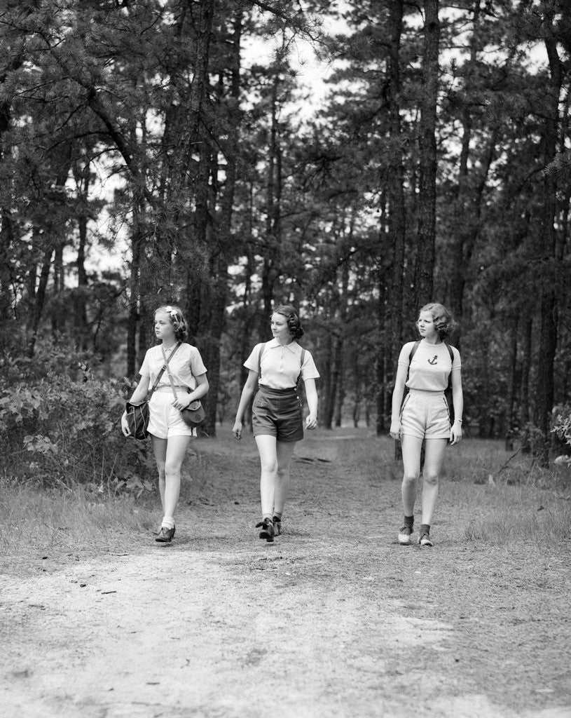 Detail of 1940s Three Young Women Walking In Woods Hiking by Anonymous