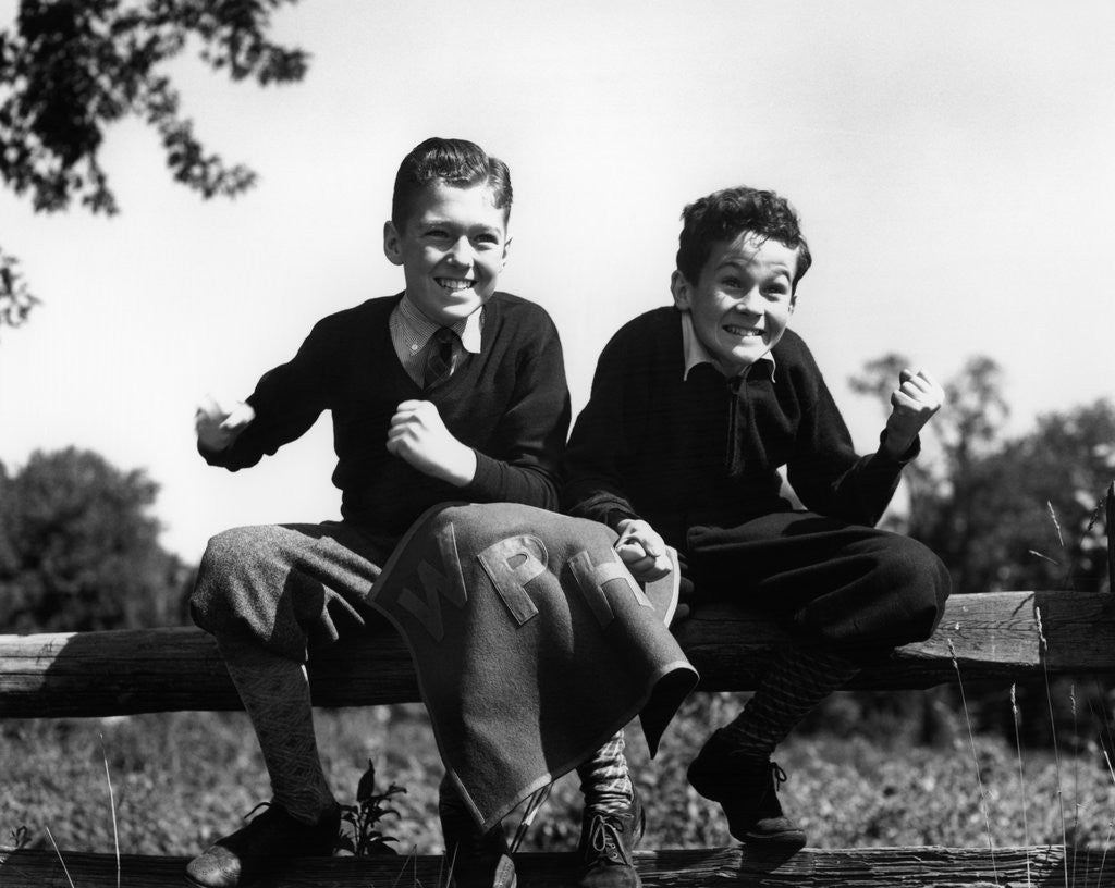 Detail of 1930s 1940s Two Excited Boys Cheering Sports Team Holding School Letter Pennant Retro Vintage by Anonymous