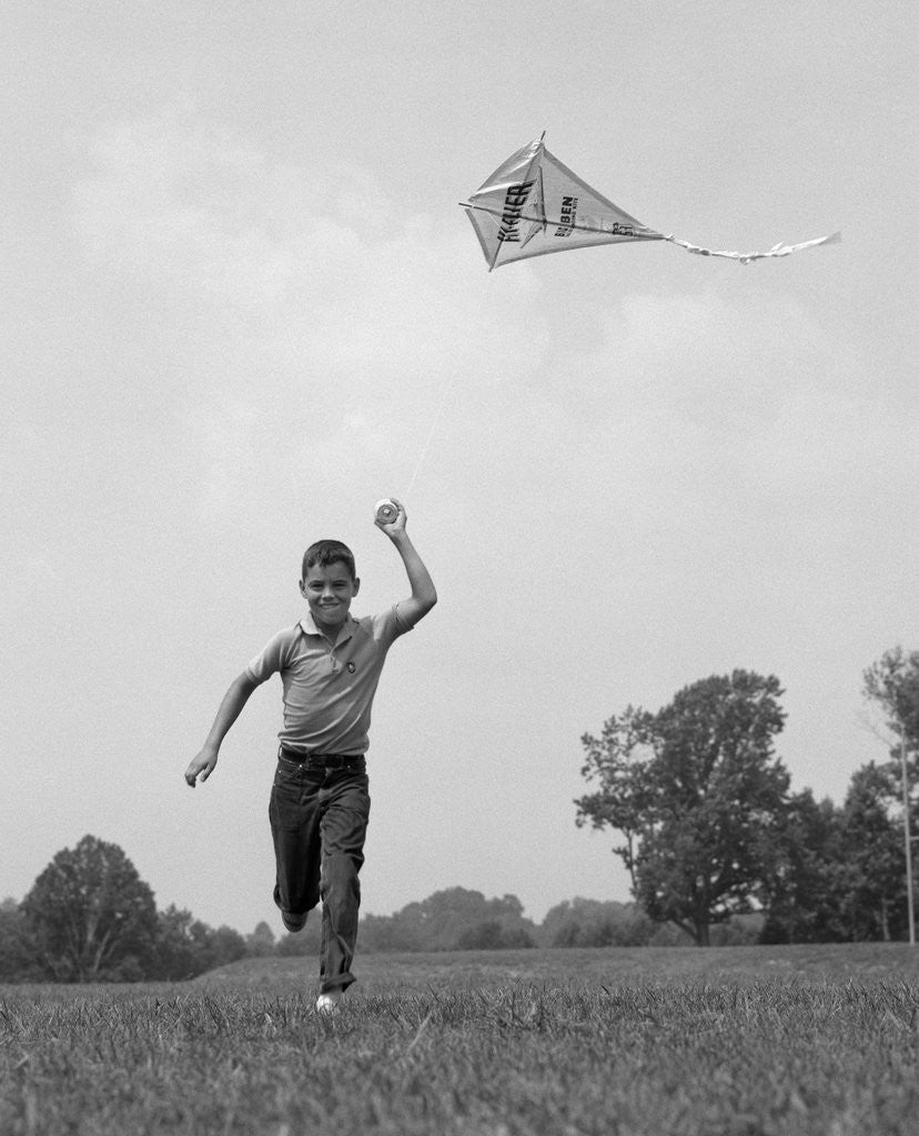 Detail of 1960s Boy Running Flying Kite by Anonymous