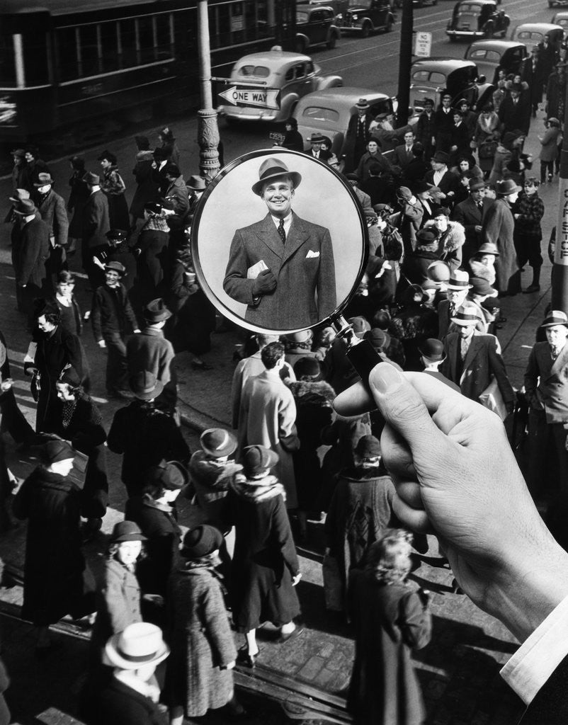 Detail of 1930s 1940s Pedestrian Street Crowd Magnifying Glass Focused On Single Well Dressed Man by Anonymous