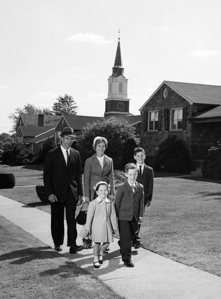 Detail of 1960s Family Walking From Church On Suburban Sidewalk by Anonymous