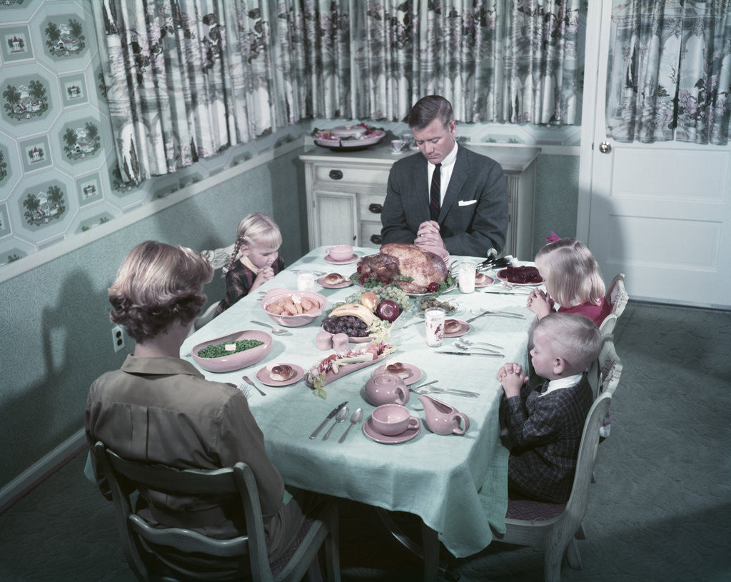 Detail of 1950s Family Of 5 Saying Grace Before Thanksgiving Turkey Dinner Mother Father 3 Children by Anonymous