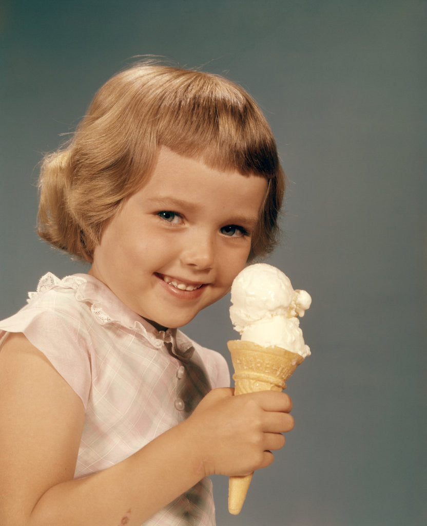 Detail of 1950s 1960s Girl Eating Ice Cream Cone Double Scoop Vanilla by Anonymous