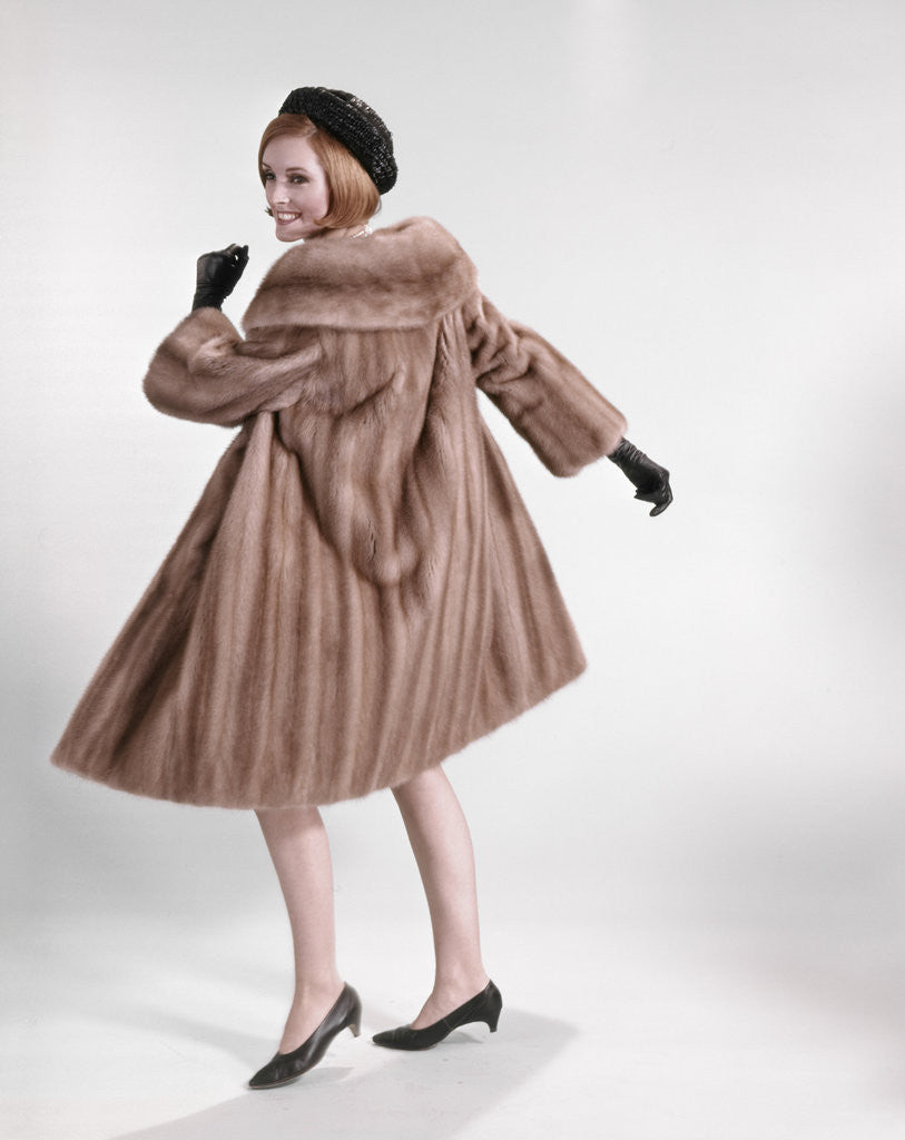 1960s Woman Wearing Fur Mink Coat Black Hat Shoes Gloves Turning To Look Over Shoulder